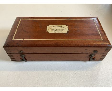 A Sikes Hydrometer in mahogany inlaid box. By Joseph Long 43 Eastcheap London. W:21cm x D:10cm x H:6cm