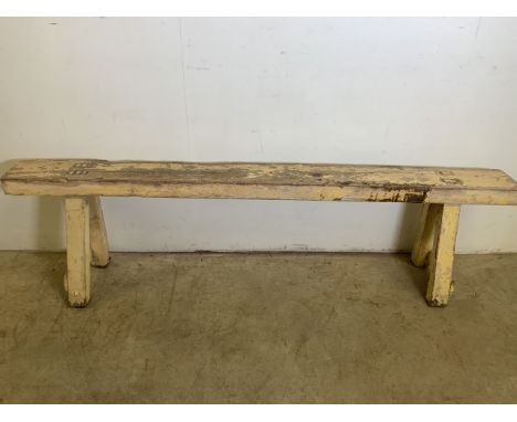 A late 19th early 20th century Dairy bench. With original paint. W:162cm x D:17cm x H:46cm