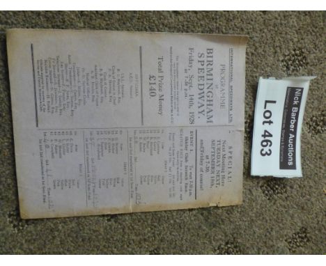 Speedway : Birmingham - Hall Green prog, 4 page car, 14.9.1928, very rare item, some tears but a superbly rare item.