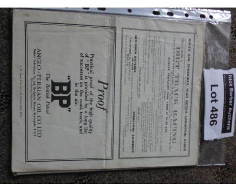 Speedway : High Beech - Kings Oak Dirt Track Racing programme 19.02.1928 - extremely rare, historic first ever meeting in the