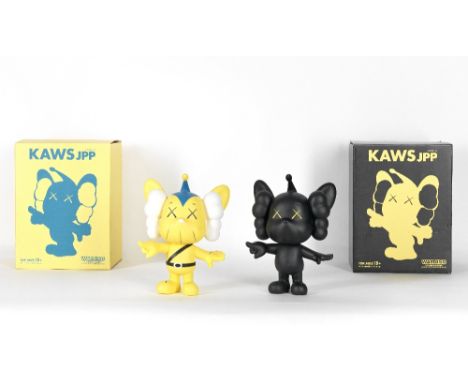 KAWS (American, born 1974)KAWS JPP (Yellow and Black) Two painted cast vinyls, 2008, from the edition of 500, with the fabric