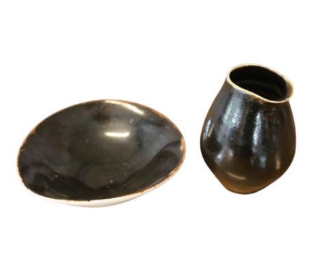 Dame Lucie Rie (1902 - 1995) Manganese glaze pouring vessel with matching bowl. Impressed marks 9.5cm in Height 