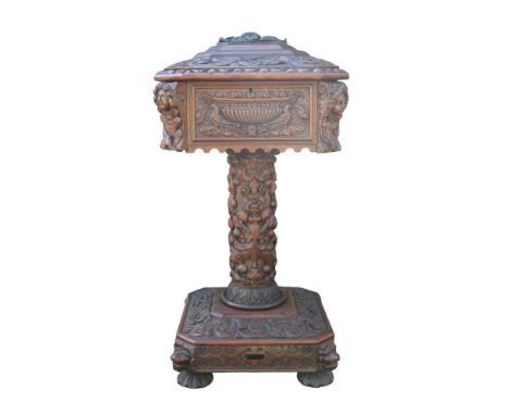Fine 19thC Oak English Carved Teapoy with berry clusters, scrollwork, filigree and figures. Fitted interior. 97cm in Height