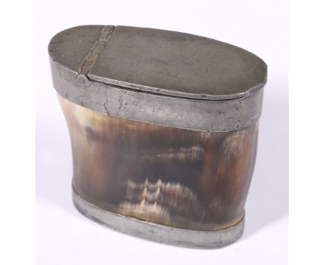 19th century horn snuff box of oval cross section with lead mounts stamped to underside 'Durie', 7cm long