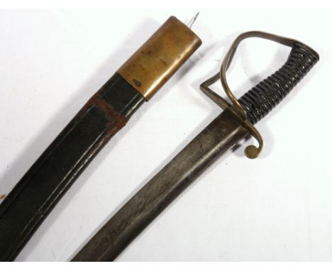 Georgian Naval officers cutlass having fullered blade stamped Enfield and Crowned cyper with brass two bar stirrup hilt compl