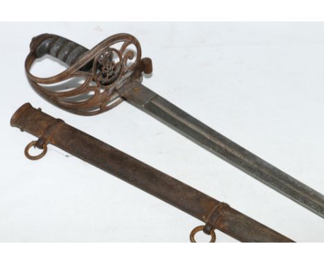 British Victorian 1827 pattern Infantry Officers Sword having curved fullered blade with etched designs including VR cypher, 