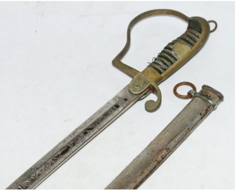 20th century dress sword with straight fullered blade etched with designs of trophies amongst scrolling foliage, the ricasso 