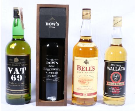 DOW'S 2001 Vintage Port bottled 2003 75cl 20% vol., WILLIAM WALLACE Blended Scotch Whisky 70cl 40% vol. BELL'S 8 year old Ble