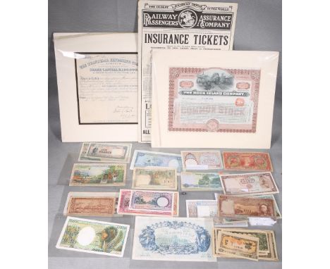 Rock Island Company 10 shares bond certificate 1914, Transfugal Exploring Company 5 share bond certificate 1898, Railway Pass