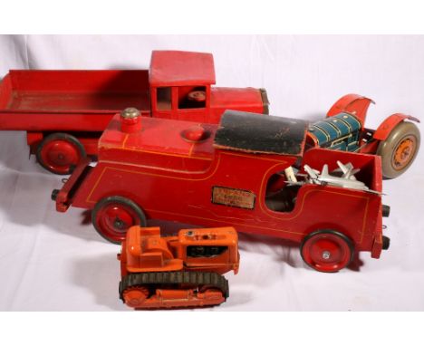 Lines Brothers complete Tri-ang Minic large scale tipper truck, Tri-ang wood locomotive, tinplate tractor, various play worn 