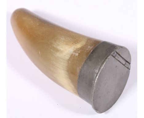 19th century horn snuff mull of trumpet form with lead mounts, marked to underside of lid 'Durie', 10.5cm long