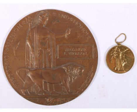 WWI death plaque and victory medal to 40405 Pte A F Thomson Highland Light Infantry with copy roll and diary entries.