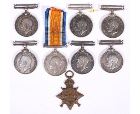 Eight WWI medals including seven war medals to M Brockie, 17275 Pte J K Stocks R Highrs, K46507 RC Dryburgh STO 2RN, 4298 Pte