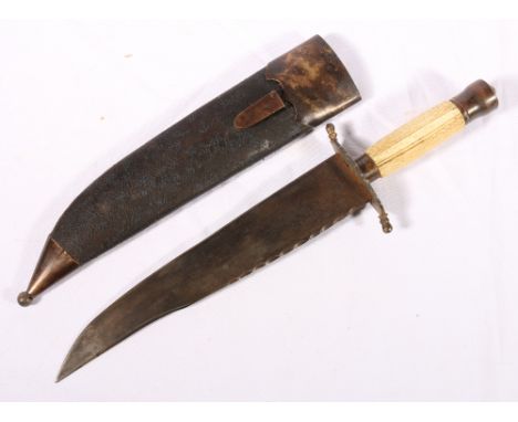 Bowie style hunting knife with flat single edged blade and carved bone handle, complete with sheath, 38cm long