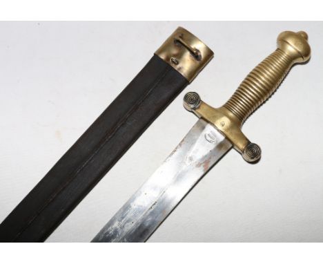French 1831 model pioneers sword having medial ribbed blade with ricasso stamped Talabotes 1832 Paris and ribbed brass grip c