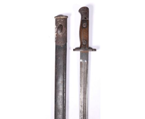 British sword bayonet pattern 1907 having fullered blade with ricasso stamped Wilkinson 1 16 (January 1916) and wood grip com