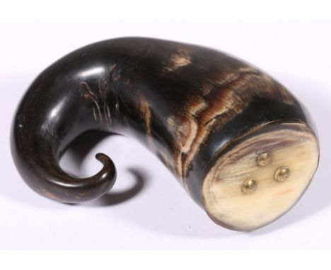 Late 18th/19th century horn snuff mull of spiral form lacking hinge to lid, 11cm long