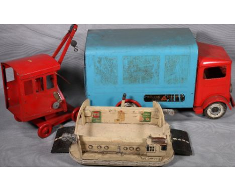 Lines Brothers Ltd Tri-ang large scale tin plate truck and crane and a wood built hovercraft