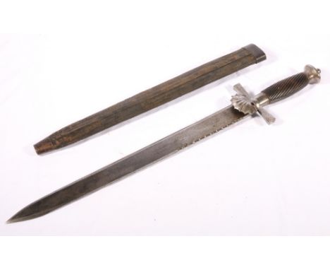 German hunting hanger or main gauche having flat single edged blade, straight cross guard and wood grip complete with scabbar