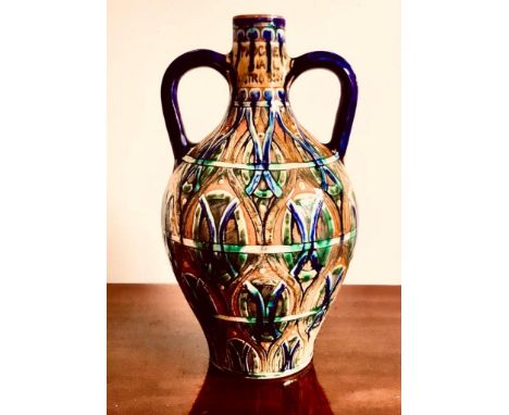 BIRKENHEAD DELLA ROBBIA POTTERY TWO HANDLED AMPHORA FORM VASE, HP INCISED TO BASE 