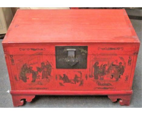 LATE 19TH/EARLY 20TH CENTURY ORIENTAL RED LACQUERED TRUNK ON STAND, WITH FIGURE FORM DECORATION TO FRONT. APPROX. 45CM H x 68
