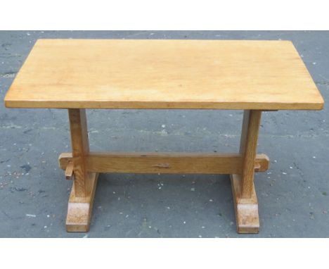 Mid 20th century light oak refectory style coffee table, by Derek Fishman Slater (lizardman) of Crayke. Approx. 44cm H x 77cm