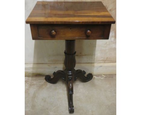 19th century mahogany single drawer side table on tripod supports. Approx. 72.5cms H x 46cms L x 37cms D 