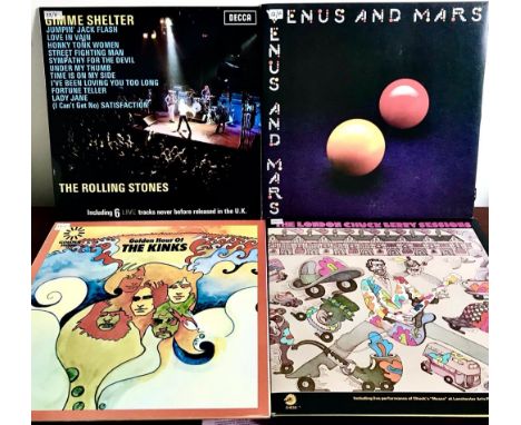 FOUR LP VINYL RECORDS- LONDON CHUCK BERRY SESSIONS, GOLDEN HOUR OF THE KINKS, WINGS VENUS &amp; MARS, ROLLING STONES GIMME SH