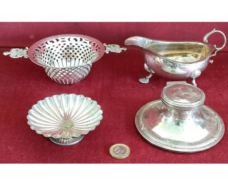 SILVER CAPSTAN INKWELL, SILVER GRAVY BOAT, SILVER PIERCEWORK DISH AND SILVER SWEET DISH WITH SHEFFIELD ROSE TO CENTRE 