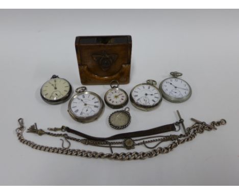 Three silver cased pocket watches, Epns picket watch and a silver cased fob watch, silver watch chain an oak pocket watch sta