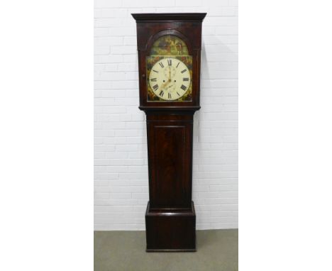 Mahogany longcase clock, flat top over a painted dial with roman numerals and two subsidiary dials, 206 x 54 x 24cm 