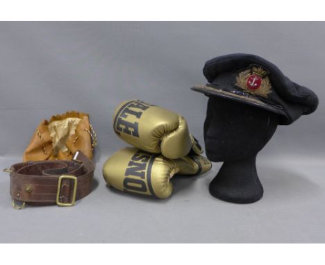 Lonsdale gold boxing gloves, vintage brown leather hat, bag and flat capped hat (4) 