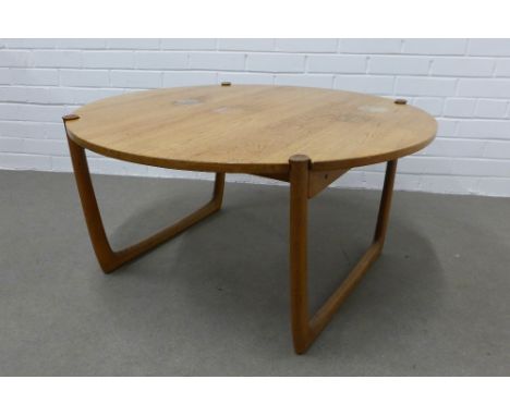 FF Caffrance vintage Danish teak coffee table, circular top with stylised legs, labelled to underside and numbered 6218132, 4