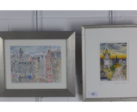 Pamela A. Hamilton, Street Scene, coloured print, signed and numbered 1/30, framed under glass, 10 x 15cm together with a pen