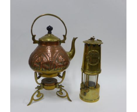 Eccles 'The Protector' brass miners safety lamp, no.29016, with stand and an Art Nouveau and copper kettle, (2) 
