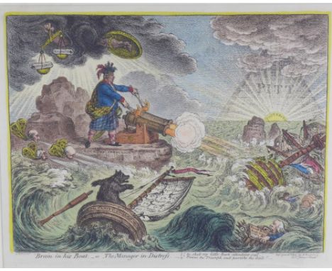 Bruin in his Boat - or - The Manager in Distress, coloured print, framed under glass, 40 x 33cm 
