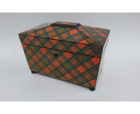 Reproduction Stuart Tartan ware type caddy box, sarcophagus form with two divisions, on bun feet, 22 x 16cm 