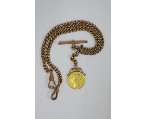 Queen Victoria 1863 sovereign in a pendant mount, on a 9ct gold Albert watch chain 