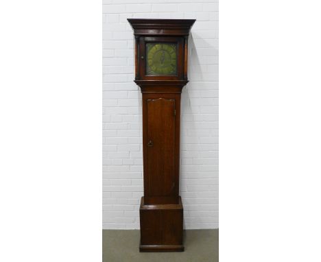 19th century oak longcase clock, the flat top over a brass dial with roman numerals and a date aperture, plain trunk. 206 x 5