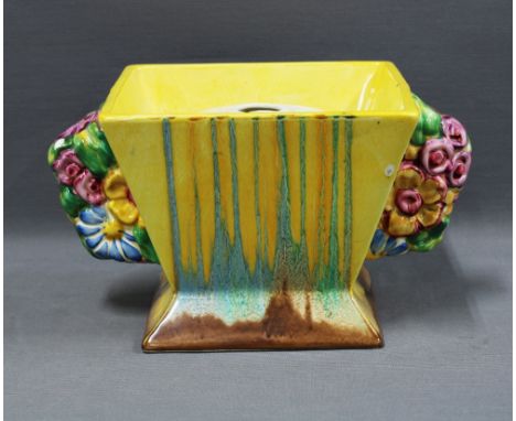Clarice Cliff Bizarre "My Garden" square conical centre bowl, with posy basket liner, moulded floral decoration, 15cm wide 
