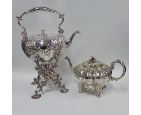 19th century silver plated spirit kettle on stand and a teapot, (Please note: Franklin Browns have applied for a de minimis e