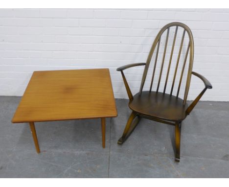Ercol dark elm rocking chair 64 x 85cm, together with a vintage teak coffee table of square form, 69 x 40cm (2) 