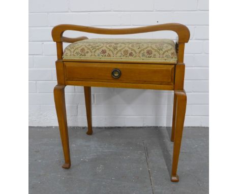 Light mahogany piano stool with shaped top rail, upholstered seat and a single drawer, 50 x 62 x 36cm 