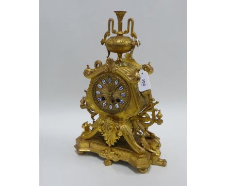 French gilt metal mantle clock with ceramic roman numerals, movement stamped H&amp;F Paris and numbered 3276, 36cm high 