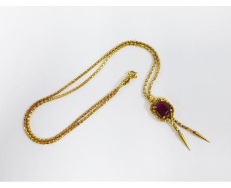18ct gold box link chain necklace with knotted gemset pendant, stamped 750 