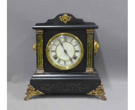 American ebonised mantle clock by Westbury Clock Co, with faux marble pilasters and lion mask handles, 32cm 
