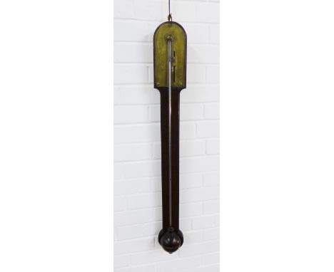 19th century stick barometer in an mahogany case with brass dial inscribed Watkins &amp; Hill, Charing Cross. 97cm 