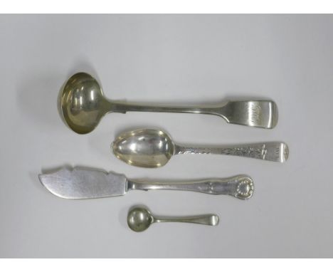 Victorian silver teaspoon, Edinburgh silver butter knife, Epns sauce ladle and a salt spoon (4) 