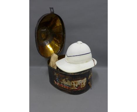 Gieves Ltd pith helmet and a toleware hat box with vintage labels (2) 