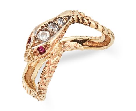 ANTIQUE RUBY SNAKE RING set with round cut rubies and white gemstones, size K / 5, 2.4g.
